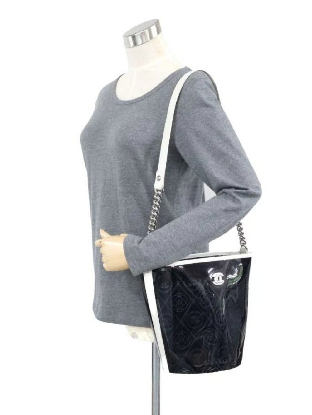 CHANEL Camellia Shoulder Bag Black/White PVC/Leather/Silvertone -